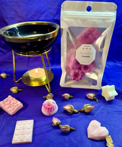 Set difuzor ceramic + ceara parfumata de soia - Set aromaterapie, ceara parfumata din soia 25 g -  suport auriu din metal si vas ceramic 10x11 cm, lumanare neparfumata tip pastila