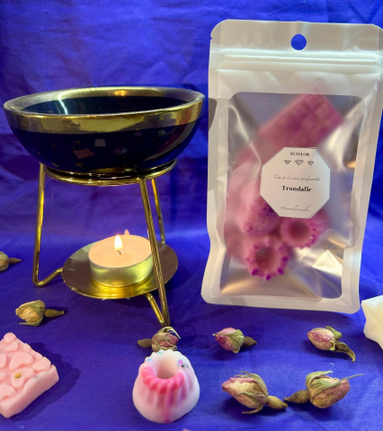 Set aromaterapie, ceara parfumata din soia 25 g -  suport auriu din metal si vas ceramic 10x11 cm, lumanare neparfumata tip pastila [1]