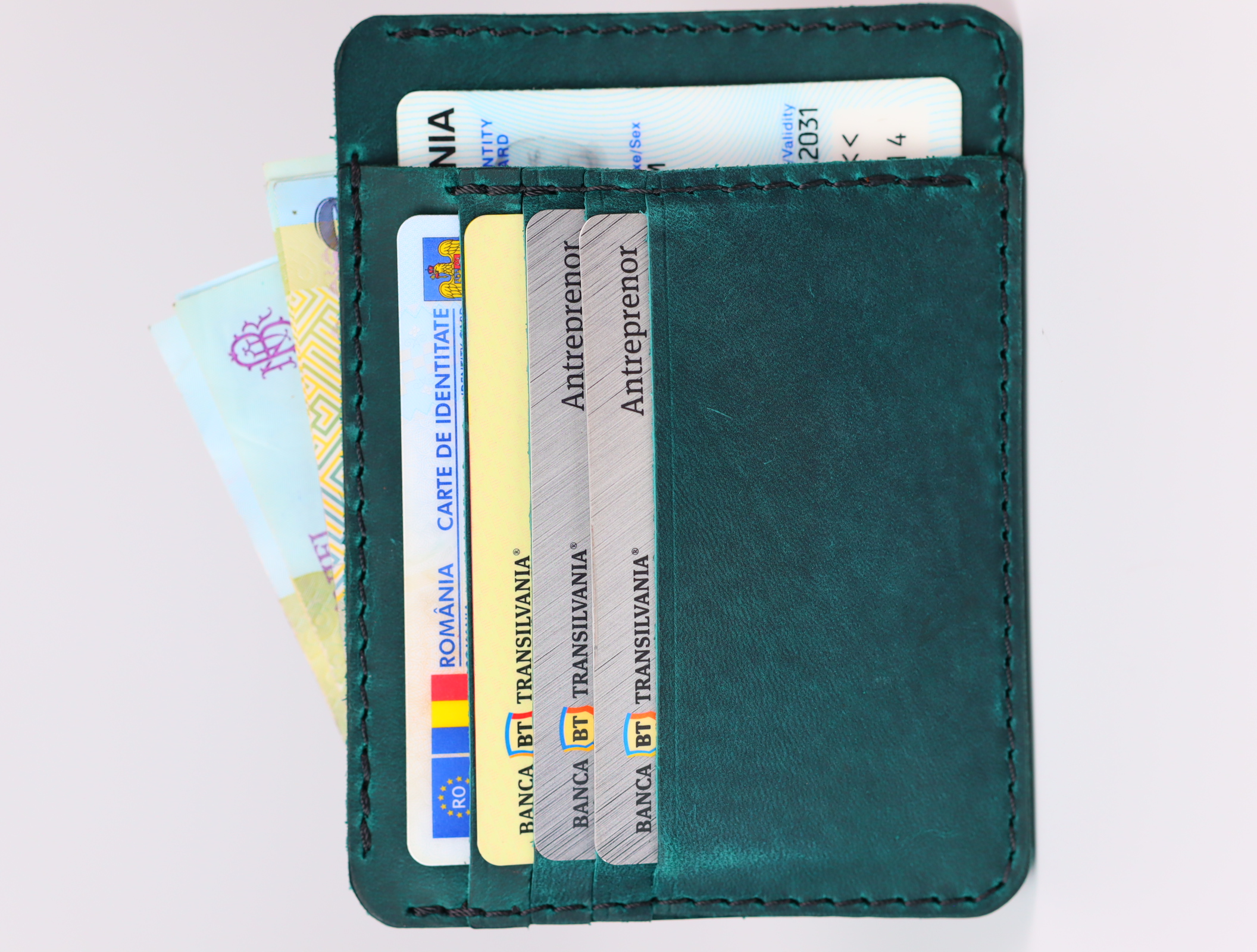 portcard piele naturala turcoaz minimalist ultra subtire