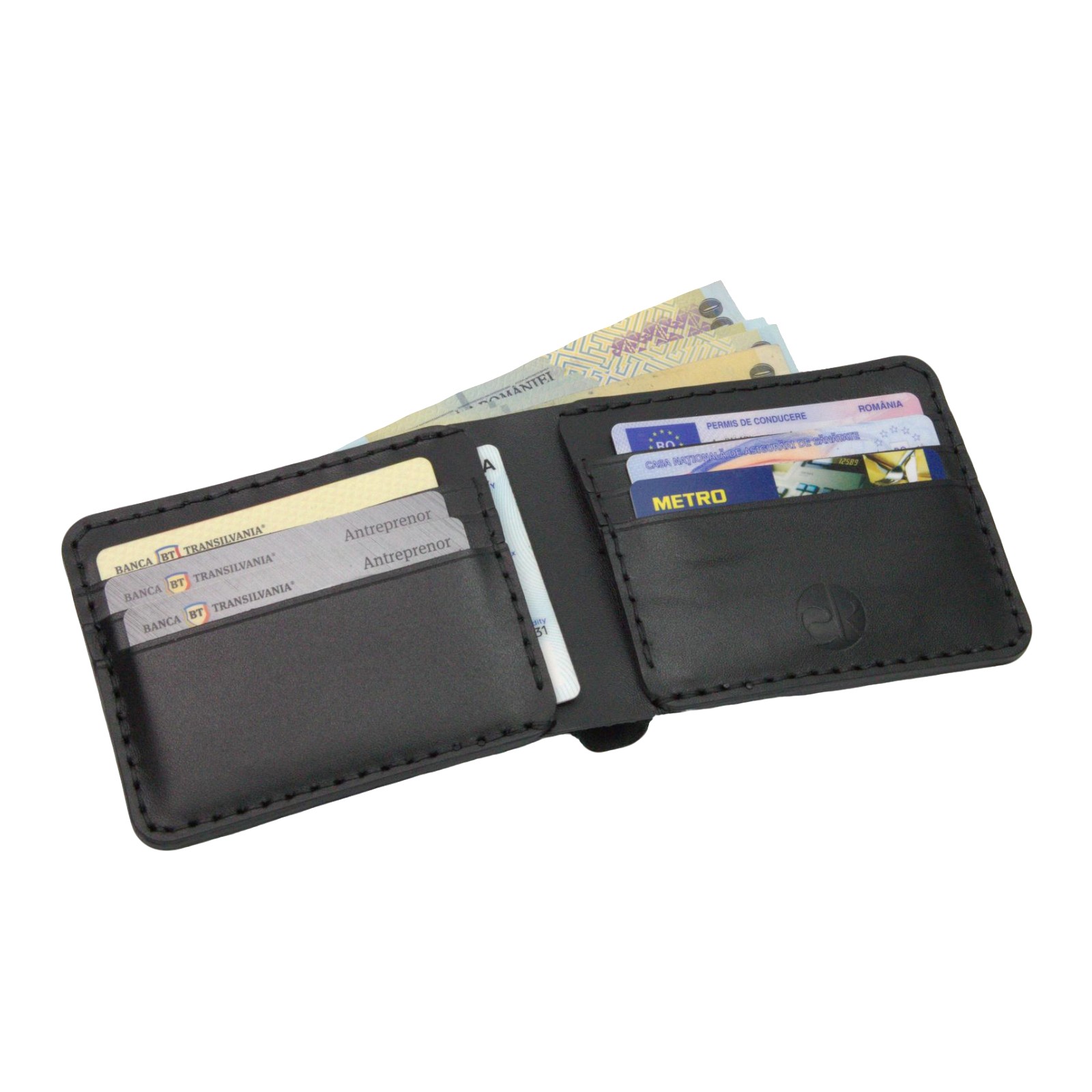 portofel piele barbati clasic negru plin cu 6 carduri un buletin vechi si cateva bancnote