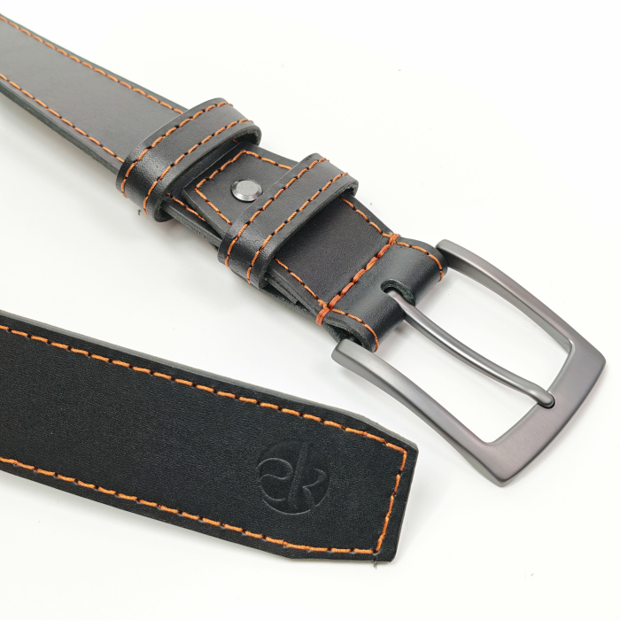 Curea piele naturala 40 mm, Styx, neagra, cusutura maro cognac, catarama solida [3]