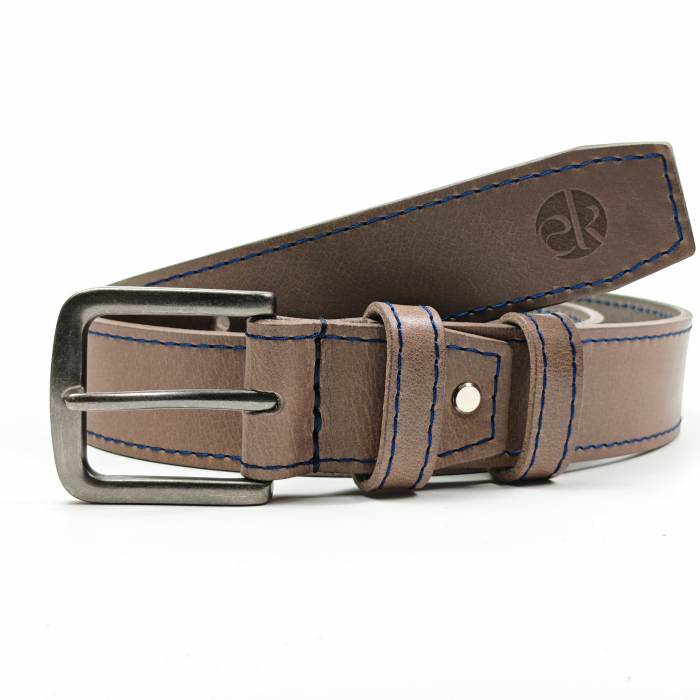 Curea piele naturala 40 mm, Styx, gri, cusatura bleumarin, catarama solida