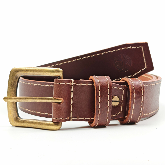 Curea piele naturala 40 mm, Styx, maro inchis, cusatura crem, catarama solida