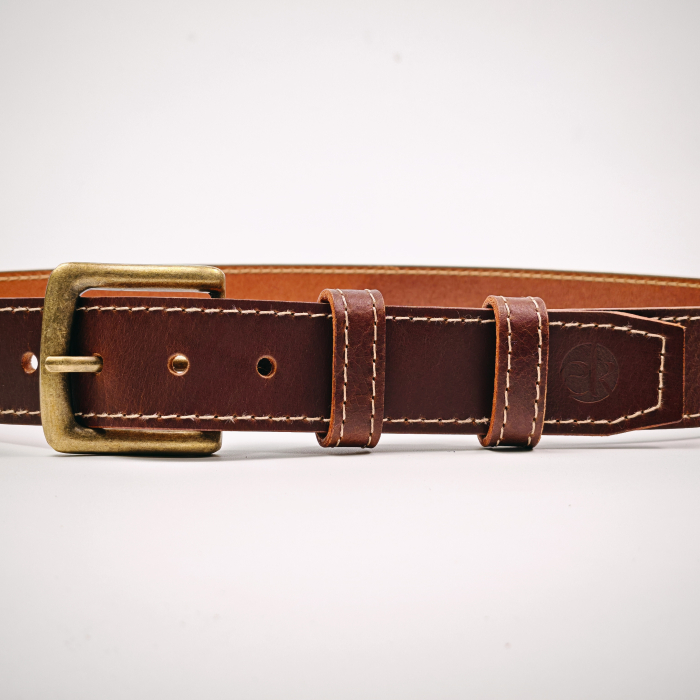 Curea piele naturala 40 mm, Styx, maro inchis, cusutura crem, catarama solida [2]