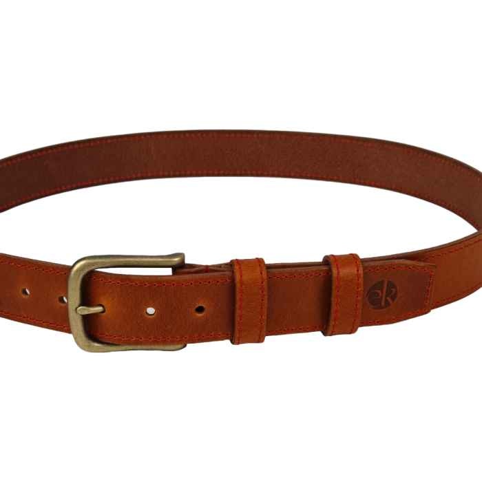 Curea piele naturala 40 mm, Styx, maro cognac, cusutura rosie, catarama solida [4]