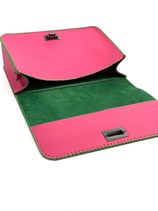 Geanta dama din piele naturala, handmade, Roz cu Verde, cusuta manual, Oprah, produsa in Romania [5]