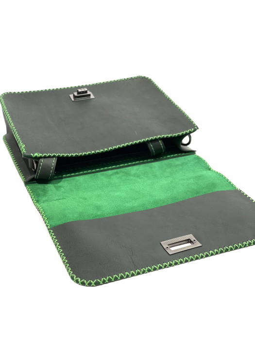 Geanta dama din piele naturala, handmade, Verde Inchis, cusuta manual, Oprah, produsa in Romania [6]