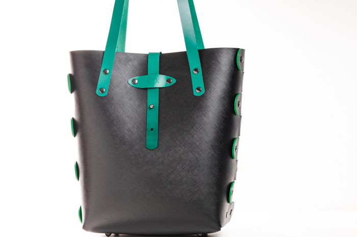 Geanta dama din piele naturala, lucrata manual, Bety, Handmade, Neagra Safiano cu detalii verzi [8]