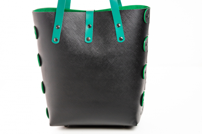 Geanta dama din piele naturala, lucrata manual, Bety, Handmade, Neagra Safiano cu detalii verzi [3]