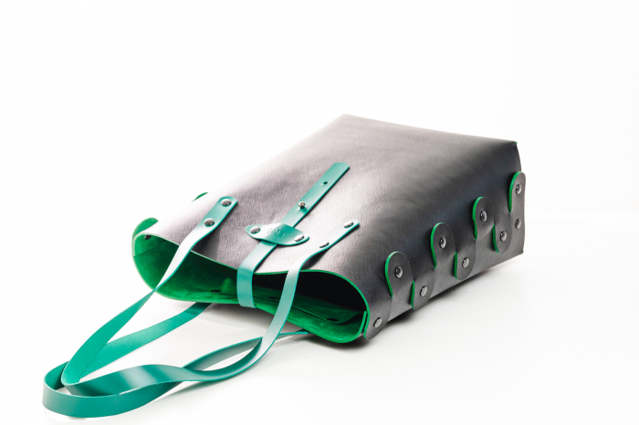 Geanta dama din piele naturala, lucrata manual, Bety, Handmade, Neagra Safiano cu detalii verzi [6]