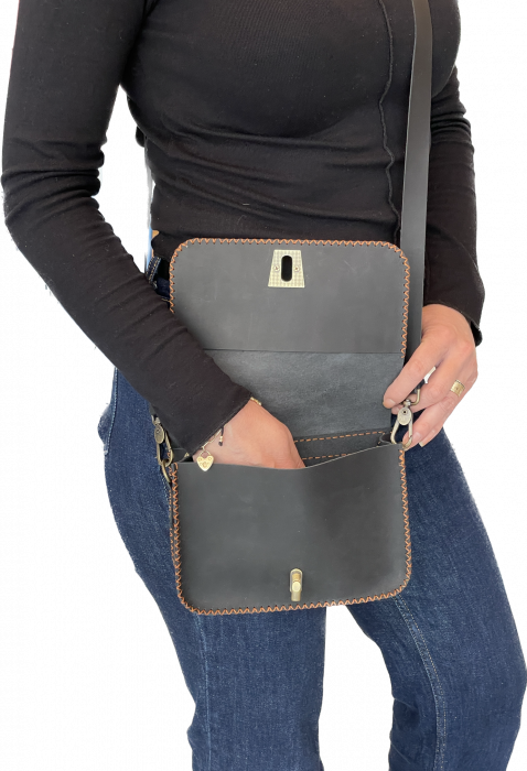 Geanta dama din piele naturala, NEAGRA, cusuta manual, Sarah, handmade [4]