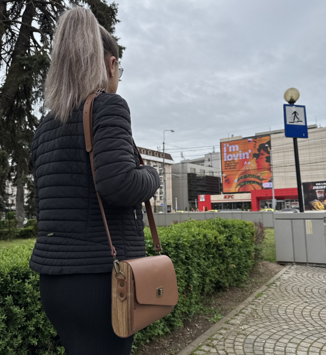 Geanta dama din piele naturala si lemn reciclat, lucrata manual, Katy, Handmade, Maro [2]