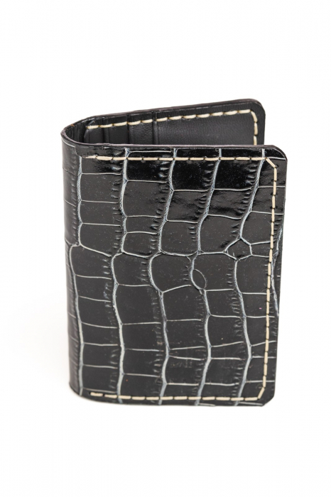 Portcard din piele naturala, lucrat si cusut manual, Orion, Handmade, Negru croco, Produs in Romania [2]
