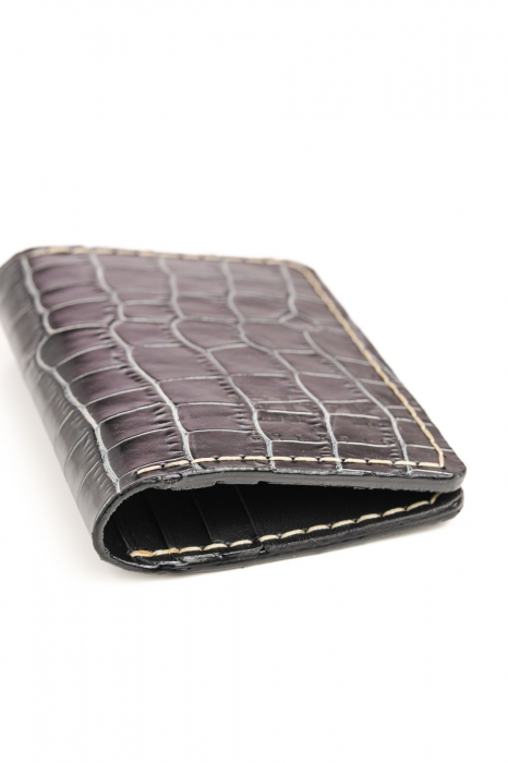 Portcard din piele naturala, lucrat si cusut manual, Orion, Handmade, Negru croco, Produs in Romania [5]