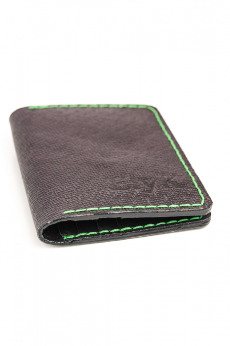 Portcard din piele naturala, lucrat si cusut manual, Orion, Handmade, Negru print ( cusatura verde ), Produs in Romania [5]