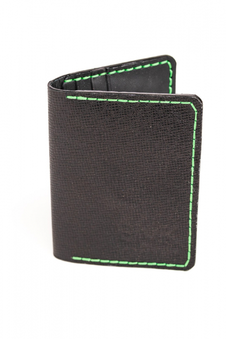 Portcard din piele naturala, lucrat si cusut manual, Orion, Handmade, Negru print ( cusatura verde ), Produs in Romania [2]