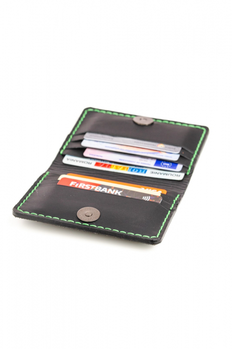 Portcard din piele naturala, lucrat si cusut manual, Orion, Handmade, Negru print ( cusatura verde ), Produs in Romania [4]