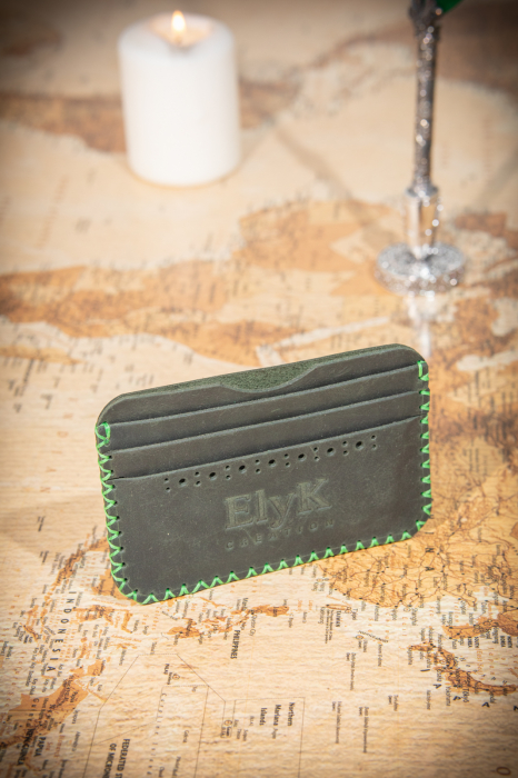 Portcard din piele naturala, lucrat si cusut manual, Remus, Handmade, Verde Army [3]
