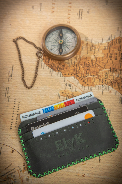 Portcard din piele naturala, lucrat si cusut manual, Remus, Handmade, Verde Army [2]