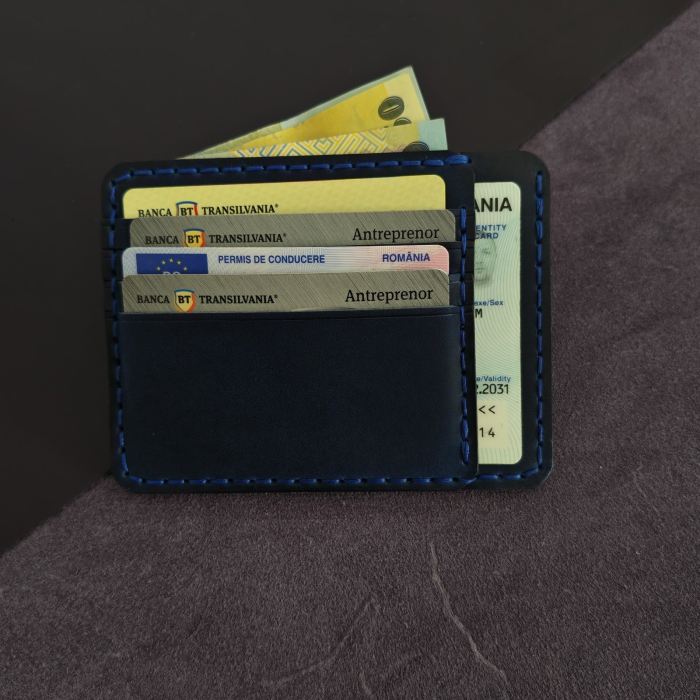 Portcard Minimalist din Piele Naturala , Duma, Albastru