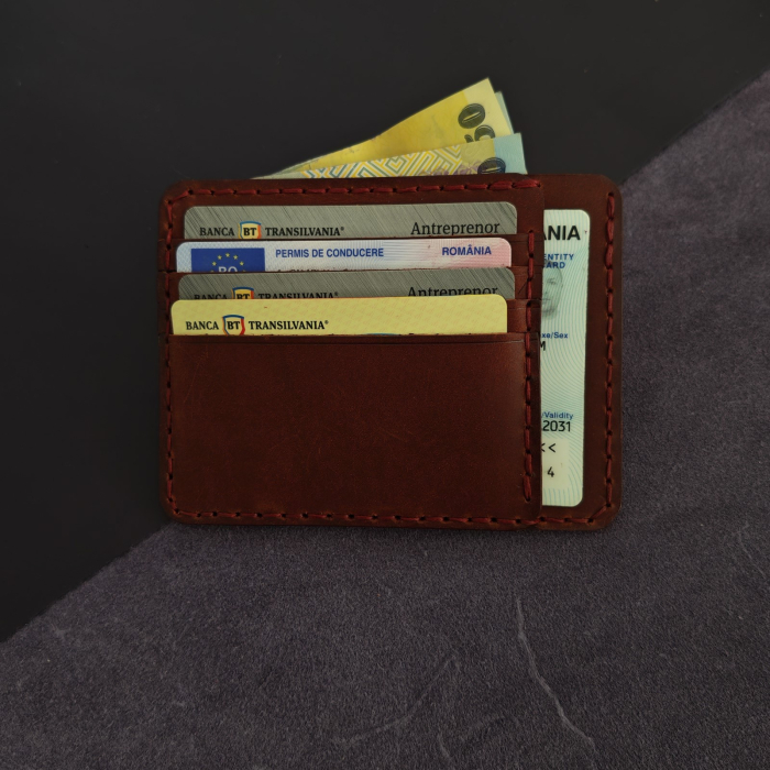 Portcard Minimalist din Piele Naturala , Duma, Grena