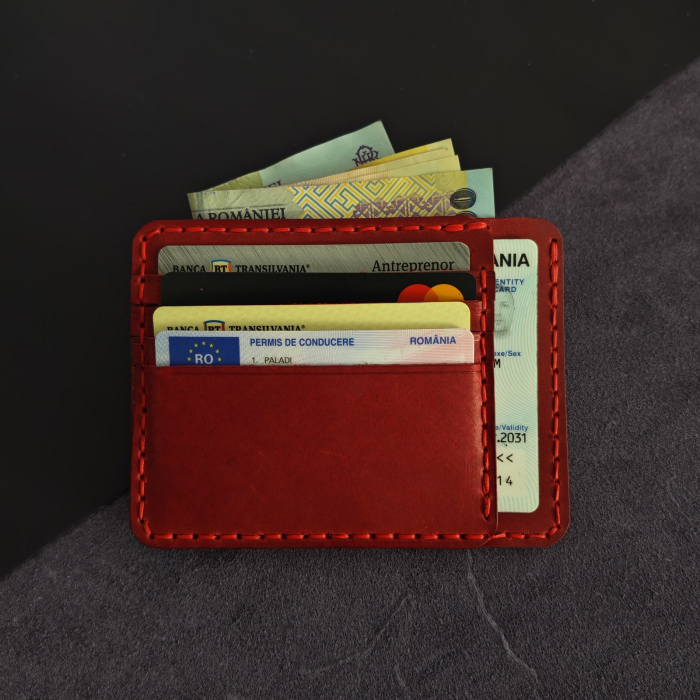 Portcard Minimalist din Piele Naturala , Duma, Rosu