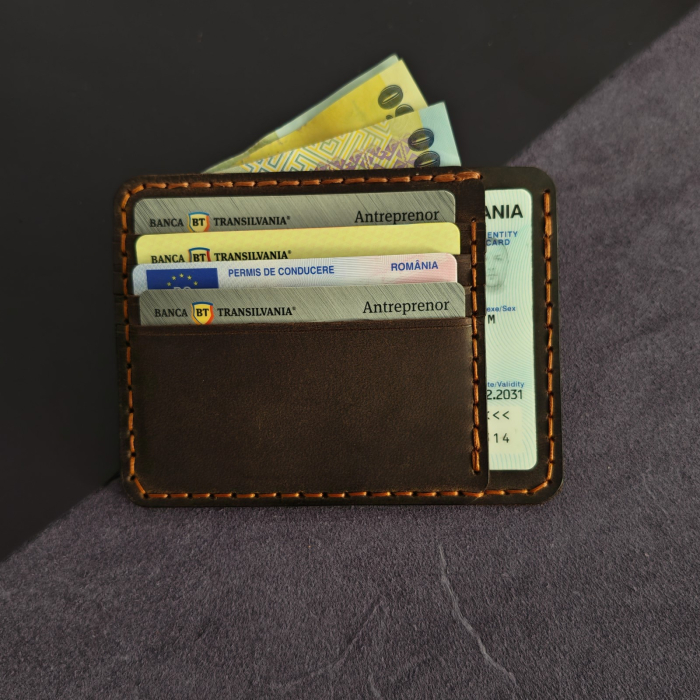 Portcard Minimalist din Piele Naturala , Duma, Maro