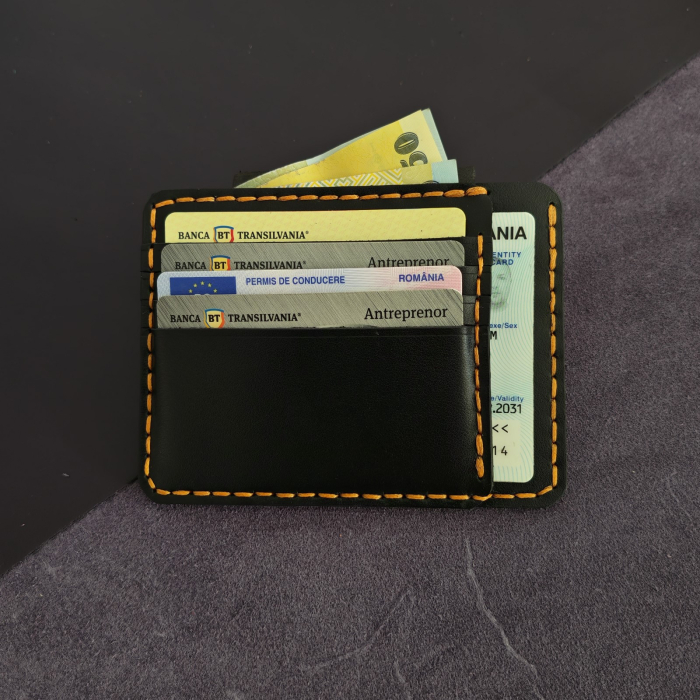 Portcard Minimalist din Piele Naturala , Duma, Negru