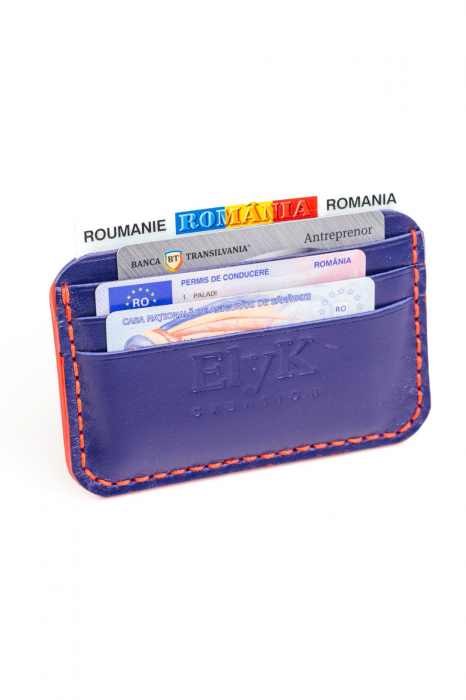 Portcard minimalist din piele naturala, lucrat si cusut manual, Leto, Handmade, Bleumarin, Produs in Romania [3]
