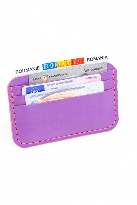Portcard minimalist din piele naturala, lucrat si cusut manual, Leto, Handmade, Mov, Produs in Romania [3]