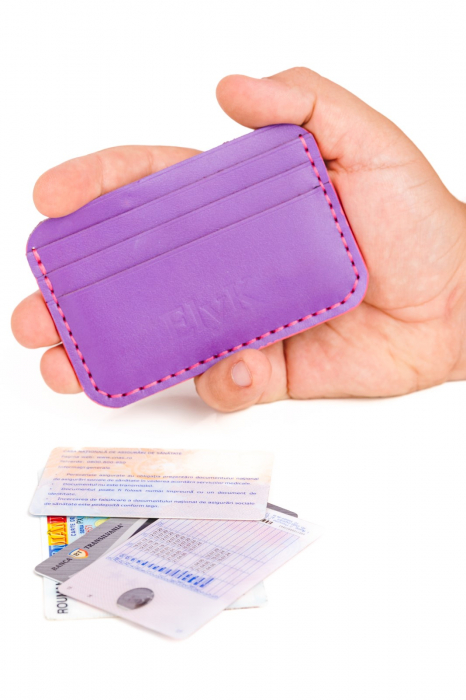 Portcard minimalist din piele naturala, lucrat si cusut manual, Leto, Handmade, Mov, Produs in Romania [5]