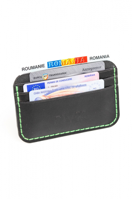 Portcard minimalist din piele naturala, lucrat si cusut manual, Leto, Handmade, Negru, Produs in Romania [4]