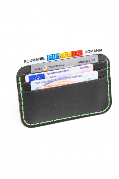 Portcard minimalist din piele naturala, lucrat si cusut manual, Leto, Handmade, Negru, Produs in Romania [3]