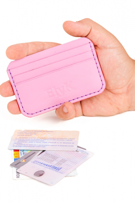 Portcard minimalist din piele naturala, lucrat si cusut manual, Leto, Handmade, Roz, Produs in Romania [6]