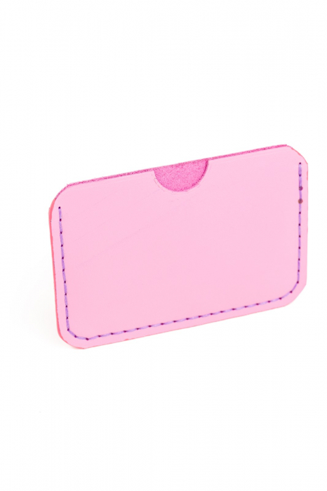 Portcard minimalist din piele naturala, lucrat si cusut manual, Leto, Handmade, Roz, Produs in Romania [2]