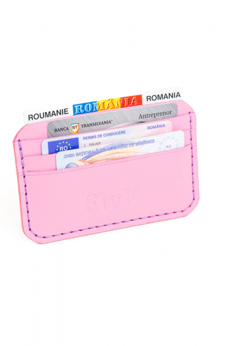 Portcard minimalist din piele naturala, lucrat si cusut manual, Leto, Handmade, Roz, Produs in Romania [3]