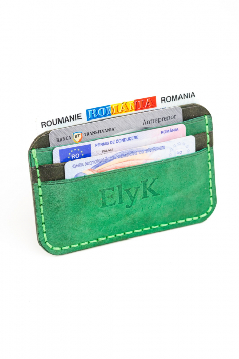 Portcard minimalist din piele naturala, lucrat si cusut manual, Leto, Handmade, Verde, Produs in Romania [3]