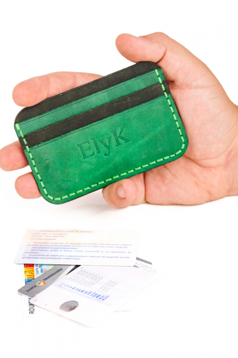 Portcard minimalist din piele naturala, lucrat si cusut manual, Leto, Handmade, Verde, Produs in Romania [5]