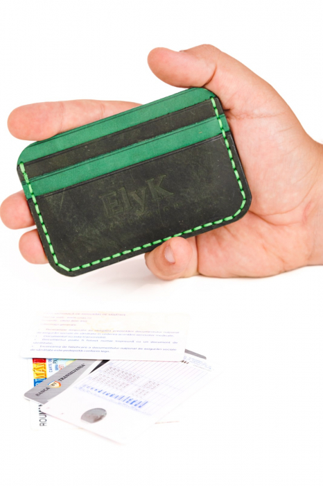 Portcard minimalist din piele naturala, lucrat si cusut manual, Leto, Handmade, Verde Inchis ( Kaki ), Produs in Romania [6]