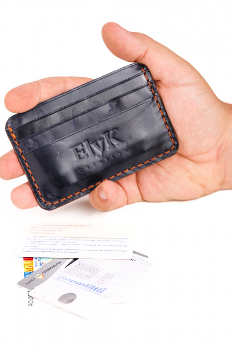 Portcard minimalist din piele naturala, lucrat si cusut manual, Nyx, Handmade, Bleumarin, Produs in Romania [4]