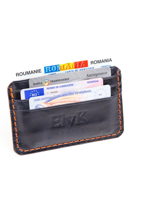 Portcard minimalist din piele naturala, lucrat si cusut manual, Nyx, Handmade, Bleumarin, Produs in Romania [2]