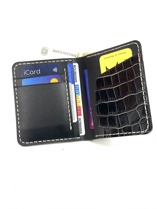 Portofel barbati din piele naturala, lucrat si cusut manual, Aris, Handmade, Negru Croco [4]