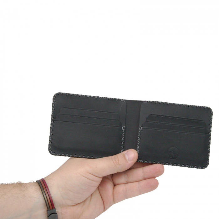 Portofel personalizat clasic barbati din piele naturala, Hector, negru mat cusatura in X gri [11]