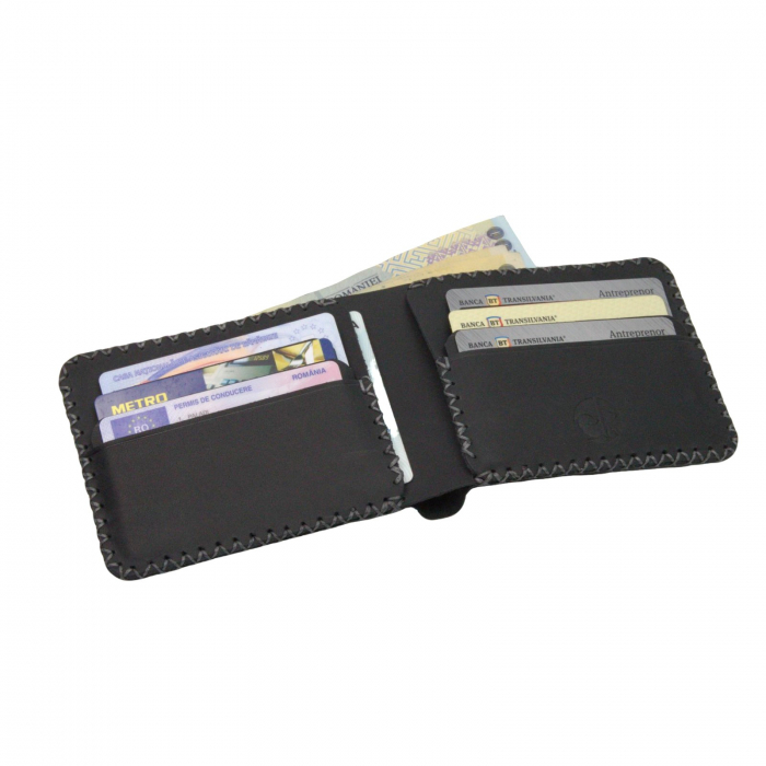 Portofel personalizat clasic barbati din piele naturala, Hector, negru mat cusatura in X gri [12]