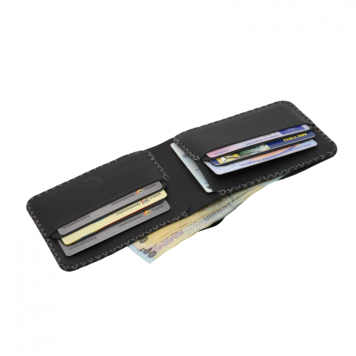 Portofel personalizat clasic barbati din piele naturala, Hector, negru mat cusatura in X gri [7]