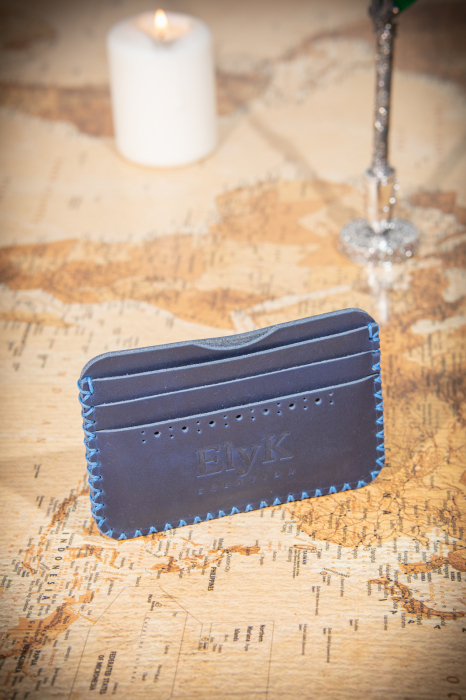 Portcard din piele naturala, lucrat si cusut manual, Remus, Handmade, Bleumarin [2]