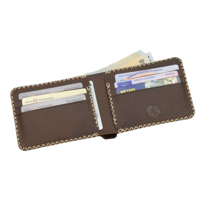 Portofel personalizabil clasic barbati din piele naturala, Hector, maro cusatura X crem [8]