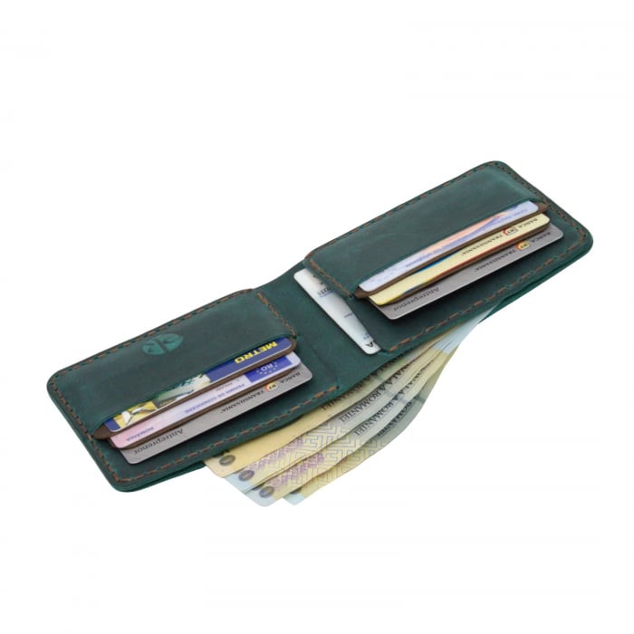 Portofel personalizabil clasic barbati din piele naturala, Hector Young, turcoaz cu detalii maro [3]