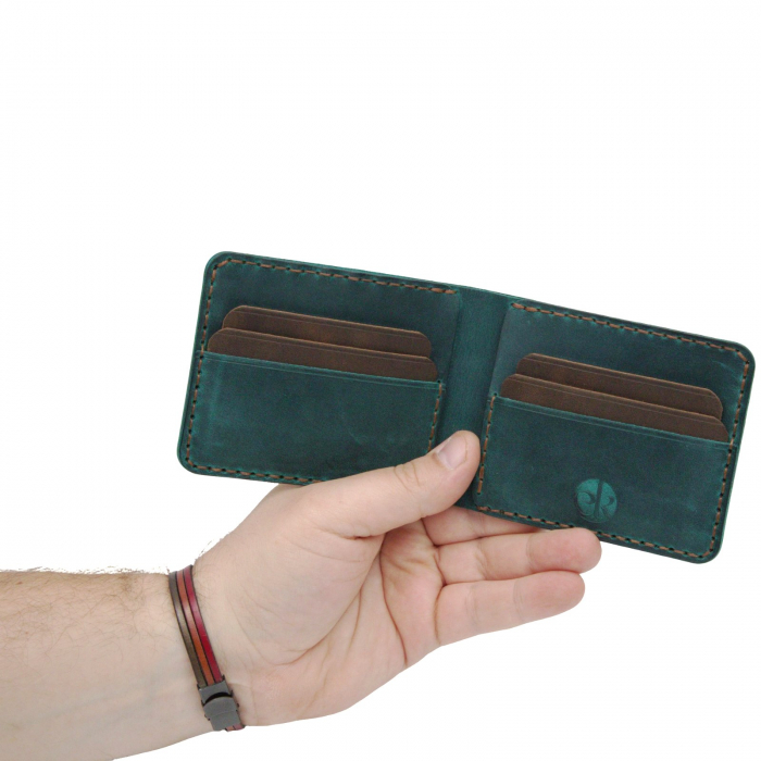 Portofel personalizabil clasic barbati din piele naturala, Hector Young, turcoaz cu detalii maro [2]