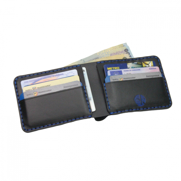 Portofel personalizabil clasic barbati din piele naturala, Hector Young, negru detalii albastre [6]